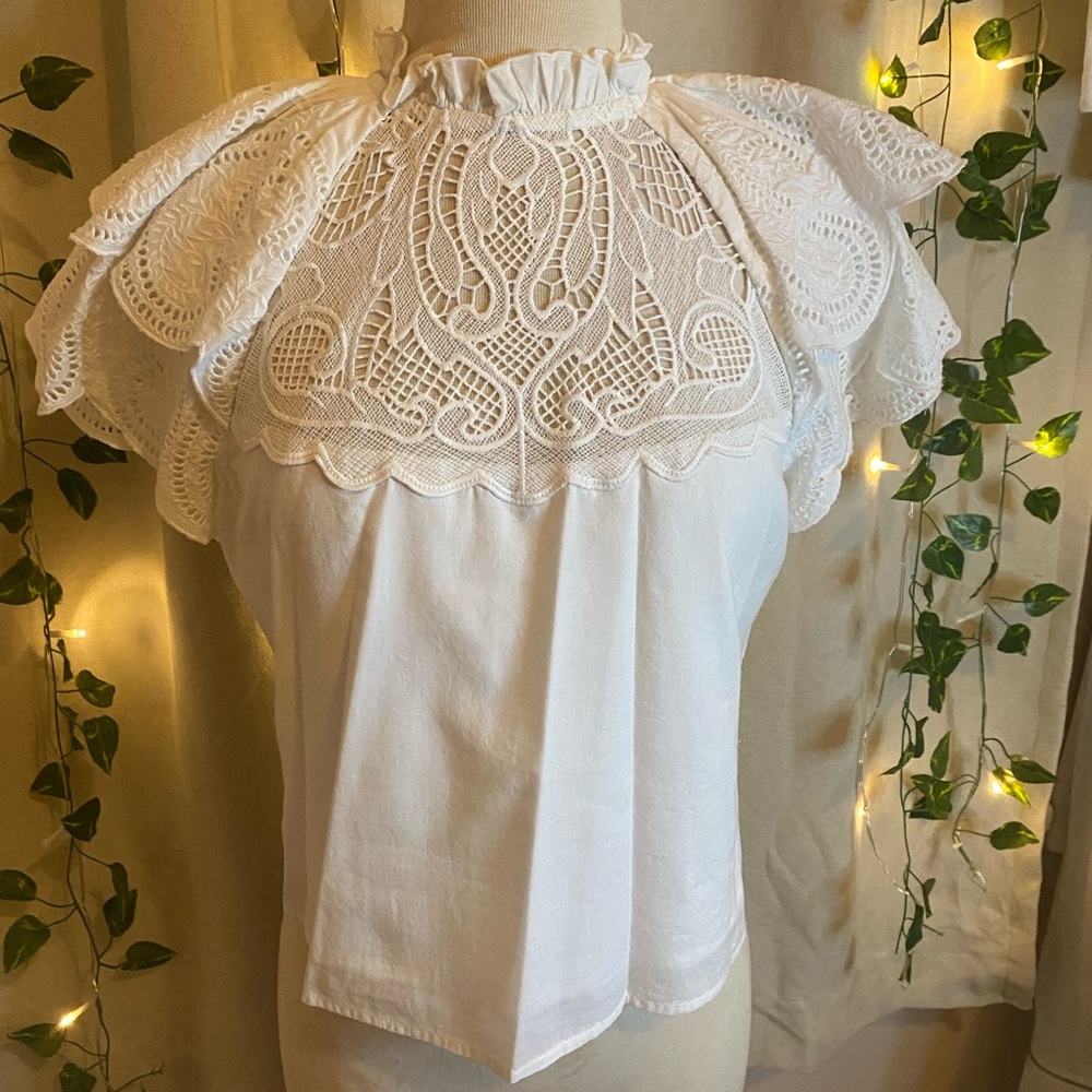 FiveSeventyFive White Lace Ruffle Blouse Romantic Cottagecore Top XL